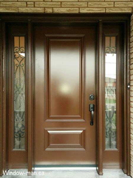Single steel entry insulated front door with two sidelights. Raised Executive panels. Brown outside, white inside. Painted in spray booth